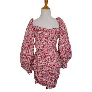 NEW Nasty Gal Vibrant Floral Balloon Sleeve Milkmaid Mini Dress Pink Women 4